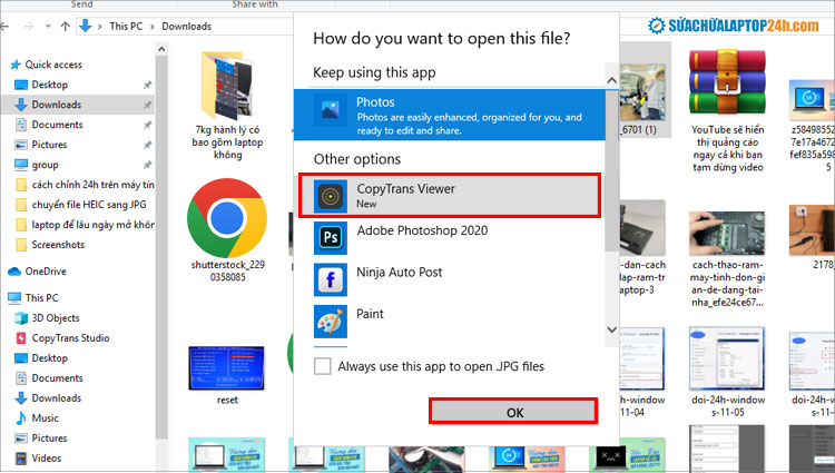 Chọn CopyTrans Viewer để mở file ảnh HEIC trên Windows