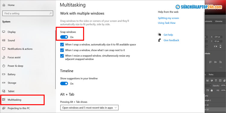 Bật Snap windows để bật chức năng chia nhỏ màn hình