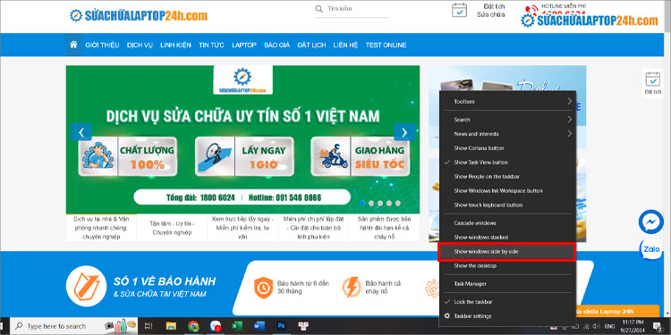 Chọn Show windows side by side