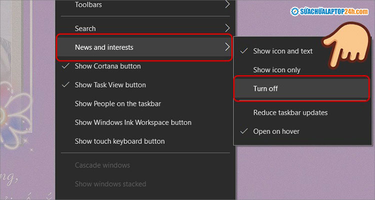 Chọn Turn off để tắt tính năng Dự báo thời tiết Windows