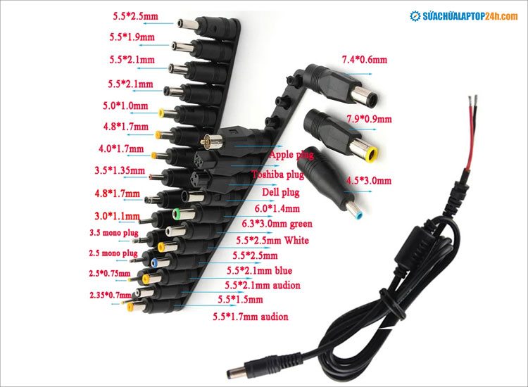 Chân sạc laptop trụ tròn là loại phổ biến có nhiều kích thước khác nhau