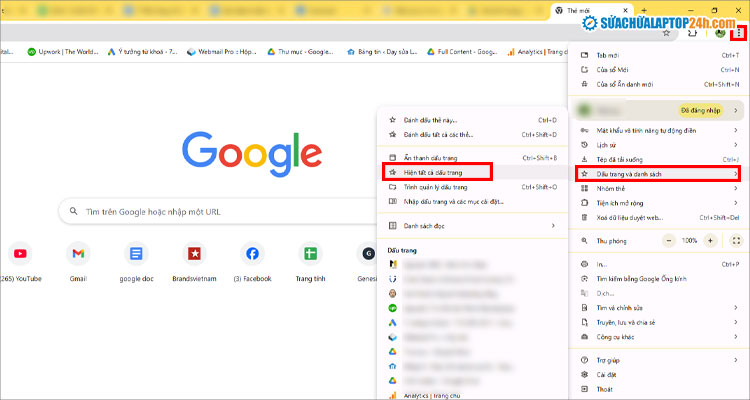 Chọn Hiển thị thanh dấu trang trong menu Cài đặt