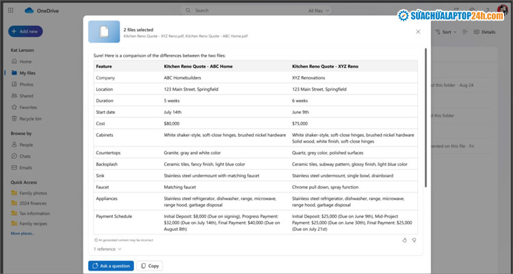 Tính năng so sánh các tài liệu qua Copilot cho OneDrive for the Web khá thông minh
