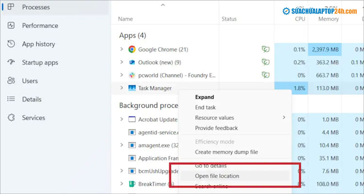 Truy cập nhanh thư mục chứa ứng dụng