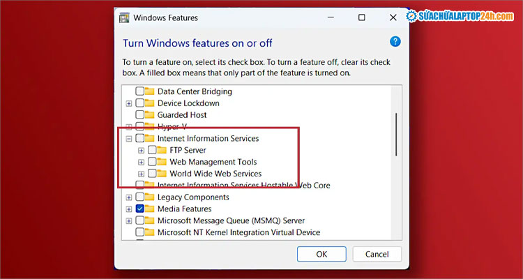 Kiểm tra Windows Features cho thấy IIS không được cài đặt trong quá trình này
