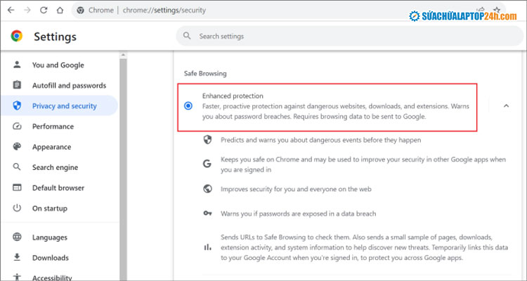 Đặt chế độ Bảo vệ nâng cao