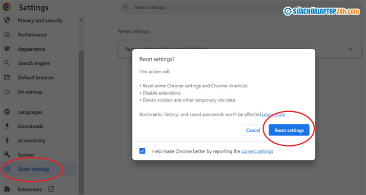 Chọn Reset settings để khôi phục cài đặt ban đầu