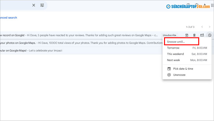 Chọn Snooze Until.. và thiết lập thời gian hiển thị email trở lại