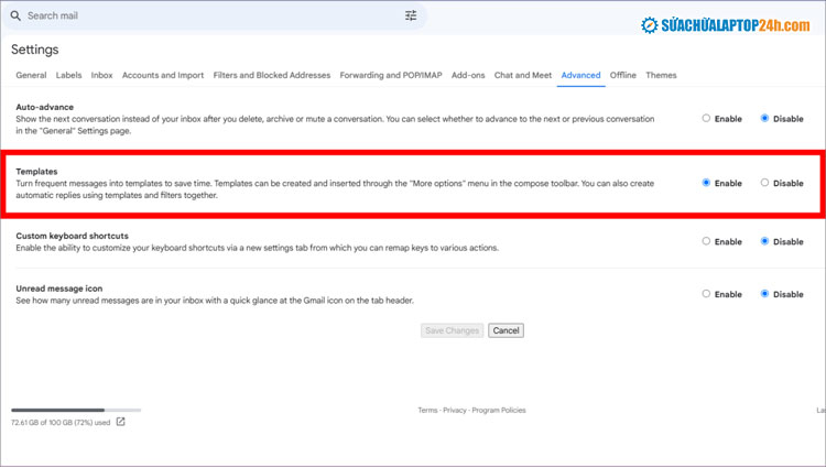 Bật tùy chọn Templates để soạn email nhanh chóng theo mẫu
