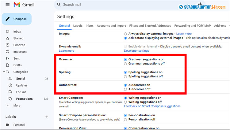 Bật gợi ý lỗi chính tả