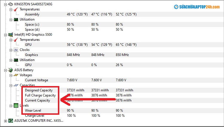 Kiểm tra tình trạng pin laptop tại mục Primary