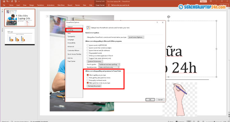 Bỏ chọn như hình để sửa lỗi gạch chân đỏ trong Powerpoint