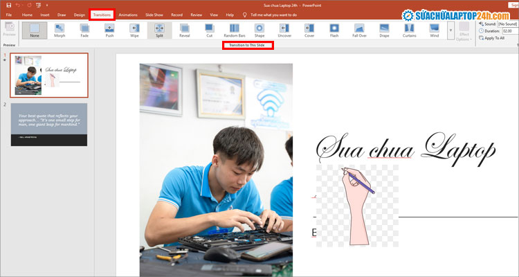Vào Transitions để tạo hiệu ứng chuyển slide trong Powerpoint