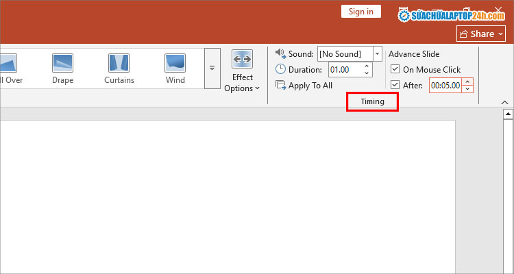 Tạo hiệu ứng chuyển trang trong Powerpoint bằng cách thiết lập như hình