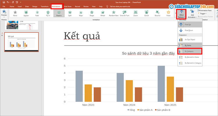 Nhấn chọn Effect Option để tạo hiệu ứng cho đối tượng trong đồ thị Powerpoint