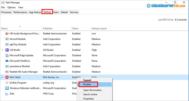 Nhấn Disable để vô hiệu hóa tính năng khởi động cùng Windows