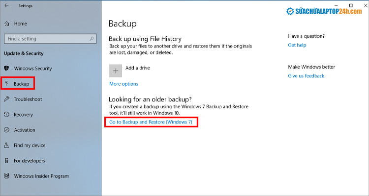 Chọn Go to Backup and Restore (Windows 7)