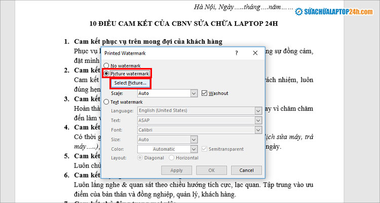 Tích chọn Picture watermark để tải ảnh logo lên