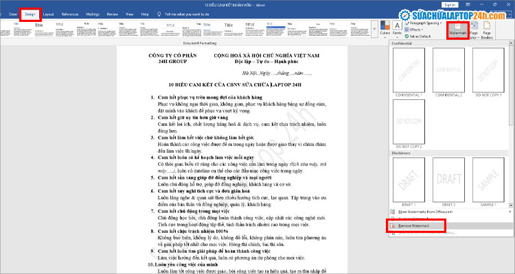 Chọn Remove Watermark để xóa watermark trong Word
