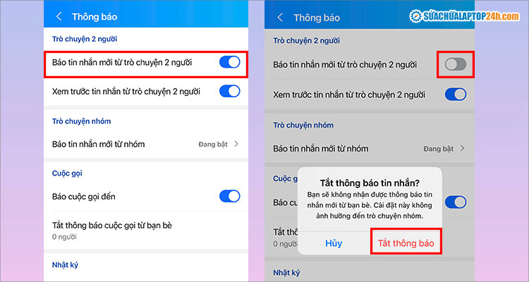 Tắt thông báo cuộc trò chuyện 2 người như hình