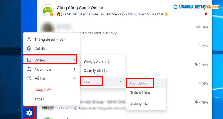 Chọn Xuất dữ liệu như hình