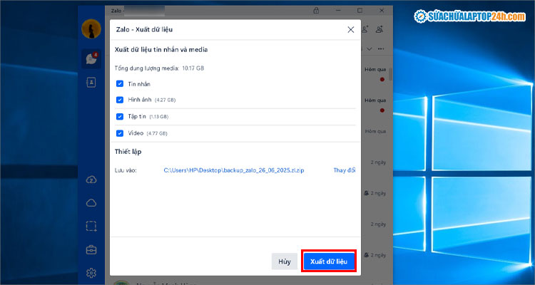Tích chọn các dữ liệu cần sao lưu và ấn Xuất dữ liệu