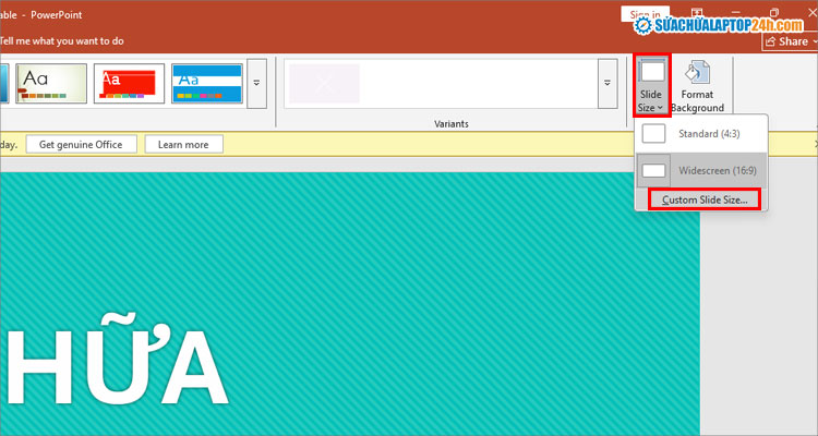 Chọn Custom Slide Size