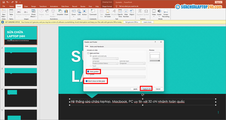 Tích chọn Slide number