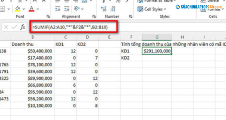 Nhập hàm tính tổng các ô xen kẽ nhau trong Excel như hình