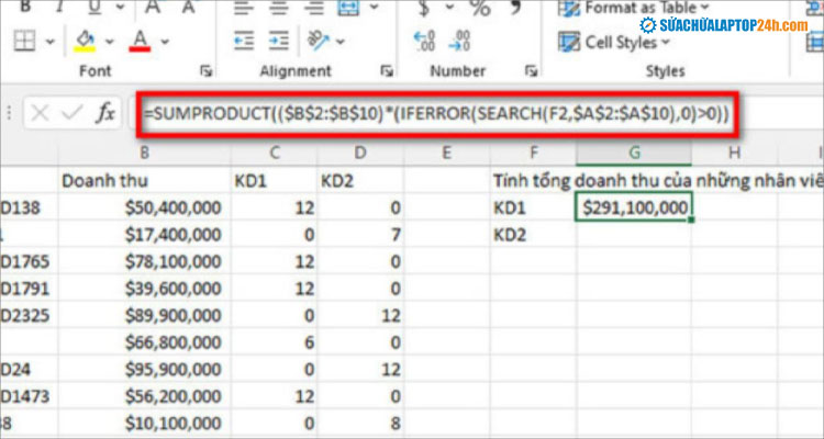 Cách tính tổng các ô không liền nhau trong Excel bằng hàm SUMPRODUCT