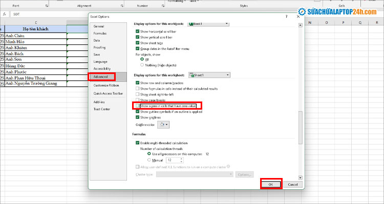 Bỏ tích chọn Show a zero in cells that have zero value để ẩn số 0 trong Excel