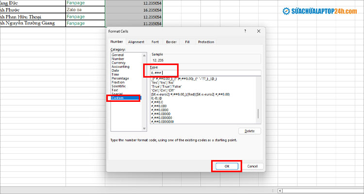 Chọn và nhập như hình để thay đổi định dạng dữ liệu, bỏ số 0 sau dấu phẩy