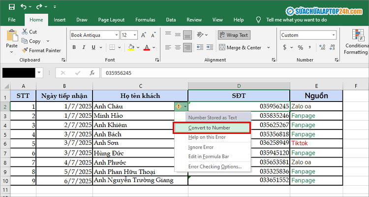 Chọn Convert to Number để ẩn số 0 ở đầu trong Excel