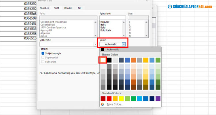 Chọn màu trắng tại mục Color
