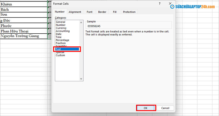 Định dạng số điện thoại trong Excel sang dạng Text