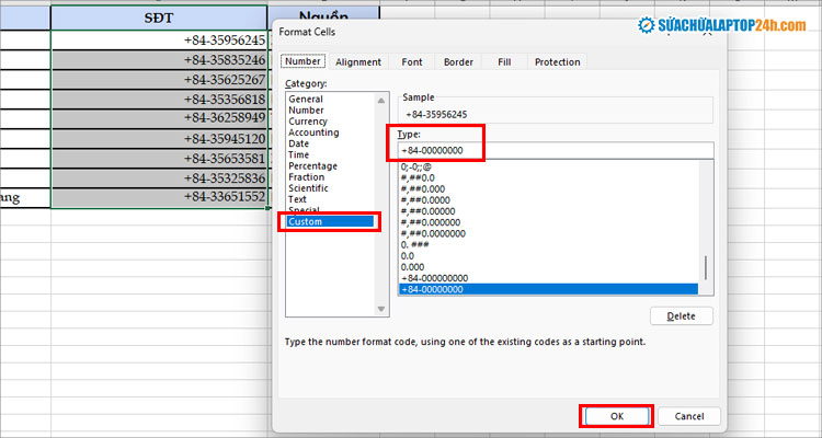 Thiết lập định dạng số điện thoại trong Excel như hình