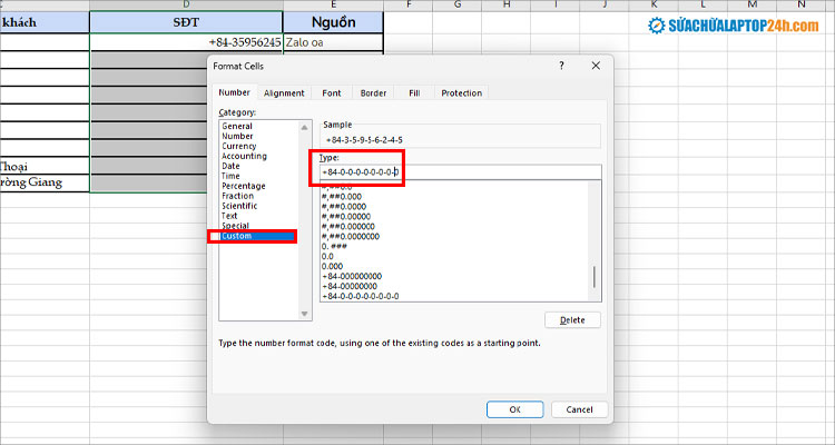 Thiết lập định dạng số điện thoại trong Excel như hình