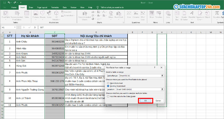 Chọn vị trí xuất hiện bảng lọc PivotTable