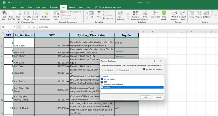 Tích chọn các cột cần lọc trùng dữ liệu trong Excel