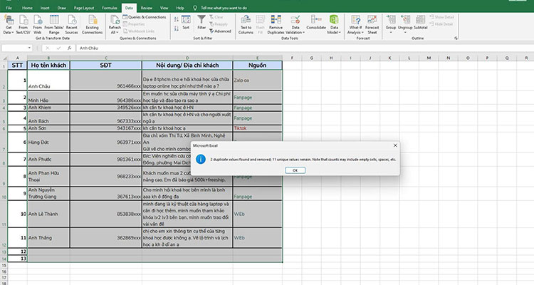 Nhấn Ok để xóa các dữ liệu trùng lặp trong Excel