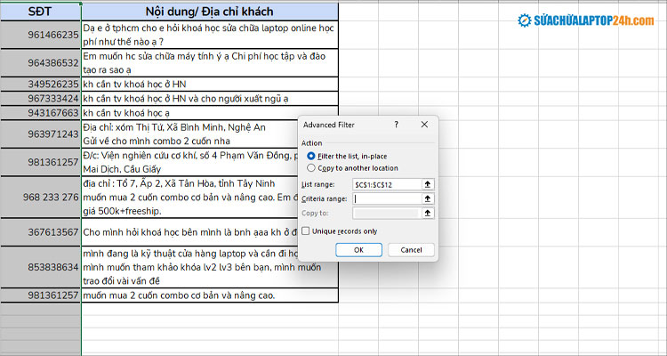 Thiết lập các điều kiện lọc trùng dữ liệu trong Excel như hình