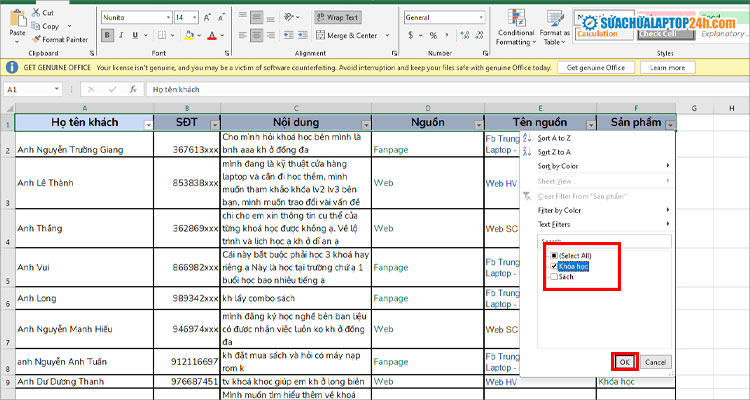 Thực hiện các bước như hình để lọc dữ liệu có điều kiện trong Excel