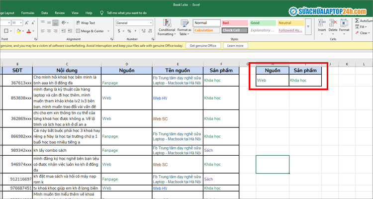 Bảng tiêu chí lọc