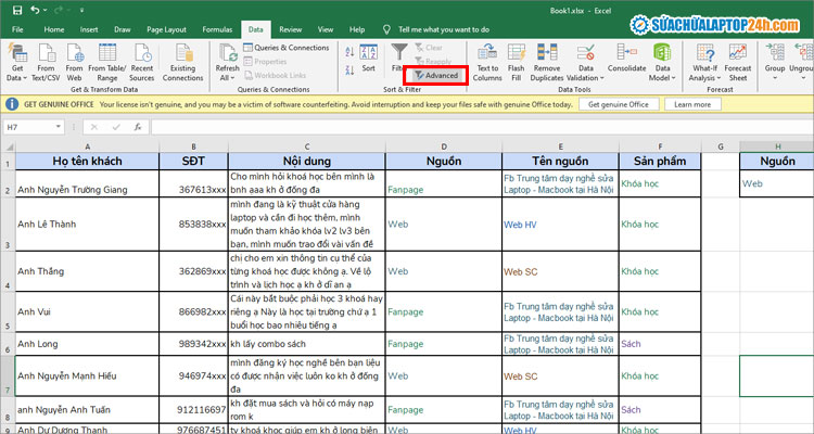 Chọn Advanced như hình để lọc giá trị trong Excel theo nhiều điều kiện