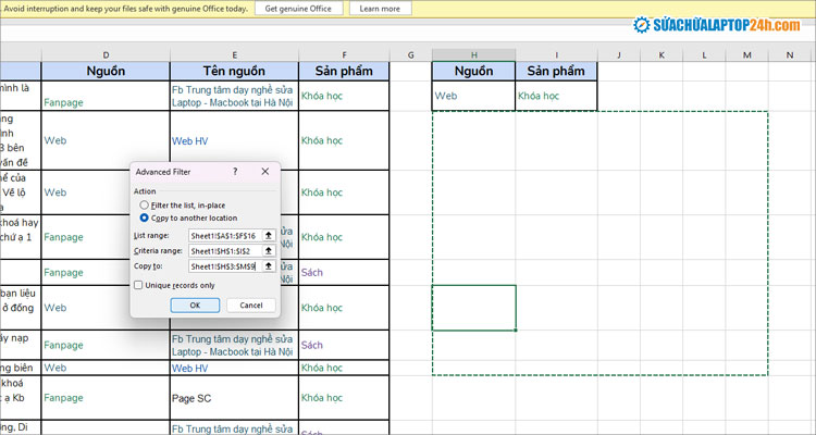 Thiết lập các thông số lọc dữ liệu trong Excel bằng Advanced Filter như hình