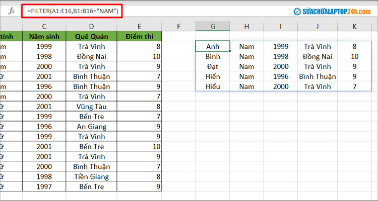 Nhập hàm lọc dữ liệu trong excel có điều kiện như hình