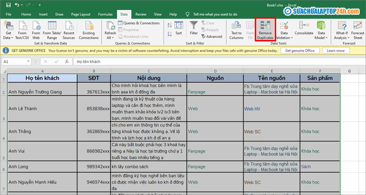 Chọn Remove Duplicates