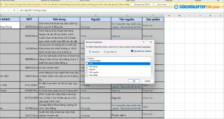Chọn kiểu lọc dữ liệu trùng trong Excel