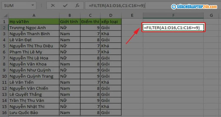 Nhập hàm lọc dữ liệu trong Excel có điều kiện như hình