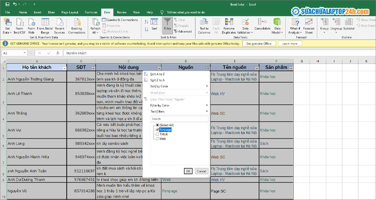 Thực hiện các bước như hình để lọc có điều kiện